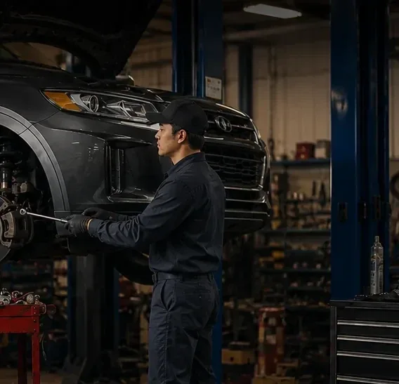 a Workshop technician servicing the brakes of a car on the lift