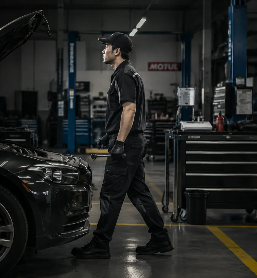 Workshop technician carrying a torque wrench past a car with its hood open in the service bay