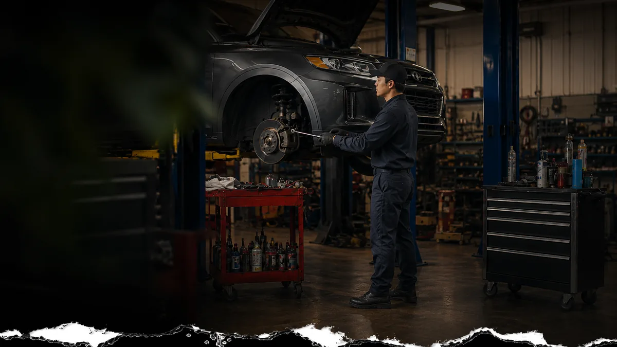Certified technician diagnosing a vehicle in the Workshop service bay