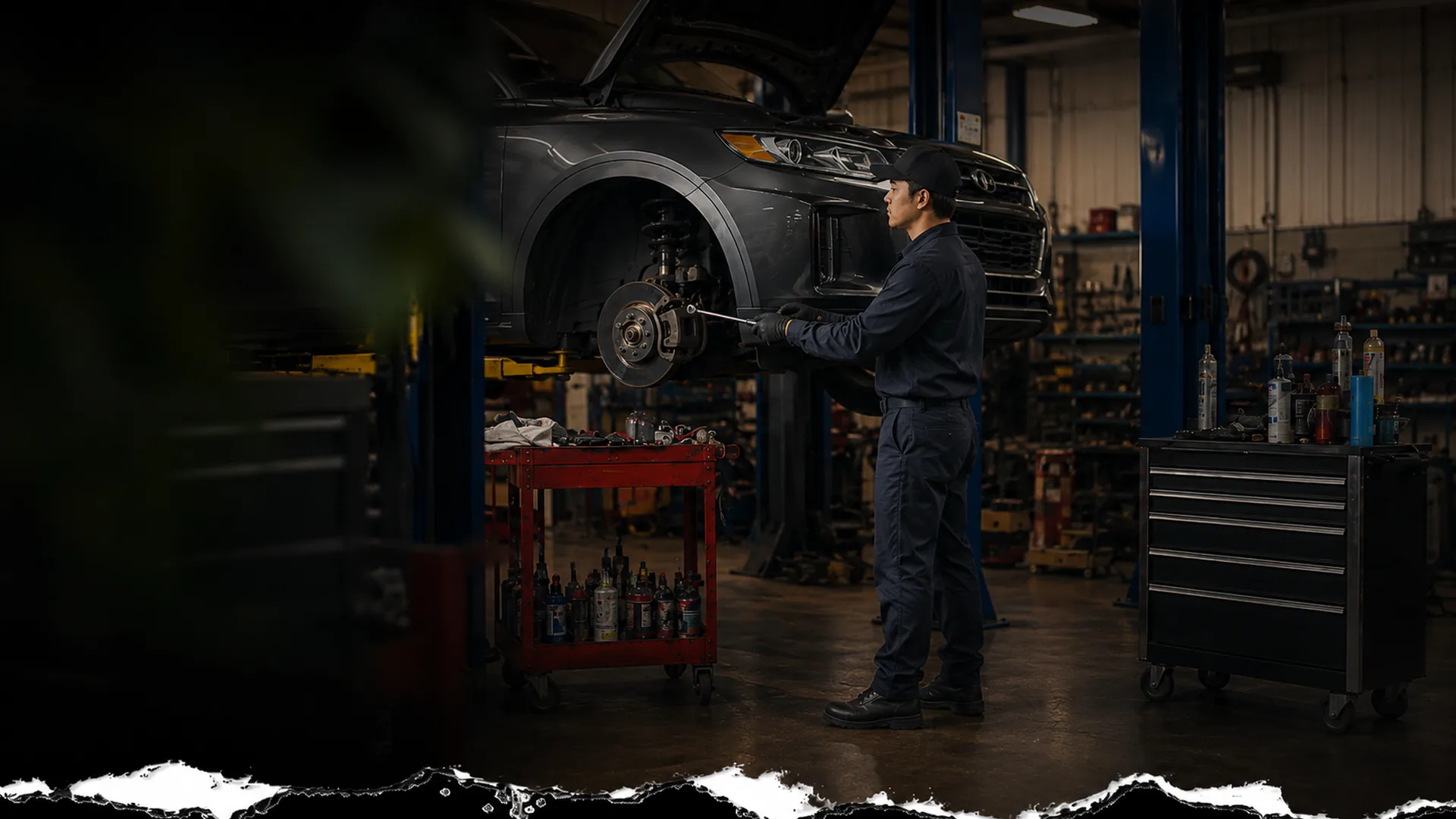 Mechanic servicing a vehicle on a lift in an auto workshop