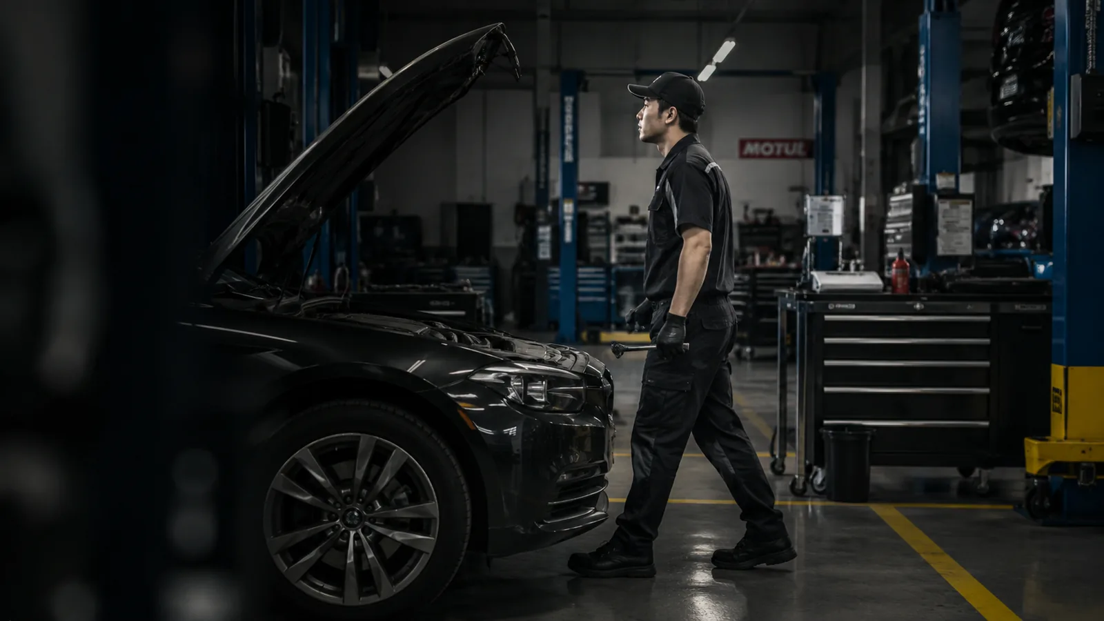 Workshop technician walking toward a sedan with its hood raised in the service bay