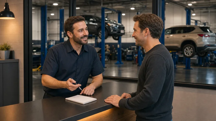 Workshop mechanic talking with a customer at the service counter