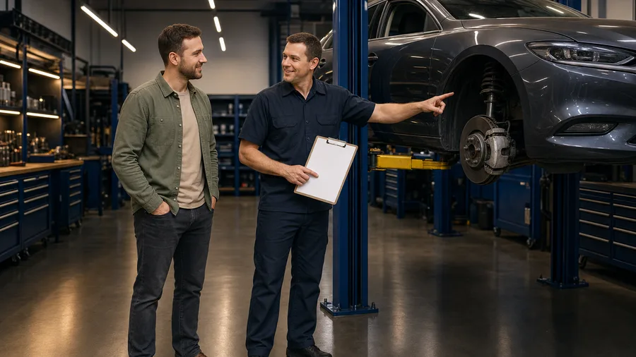 Mechanic reviewing a service plan with a customer beside a lifted vehicle