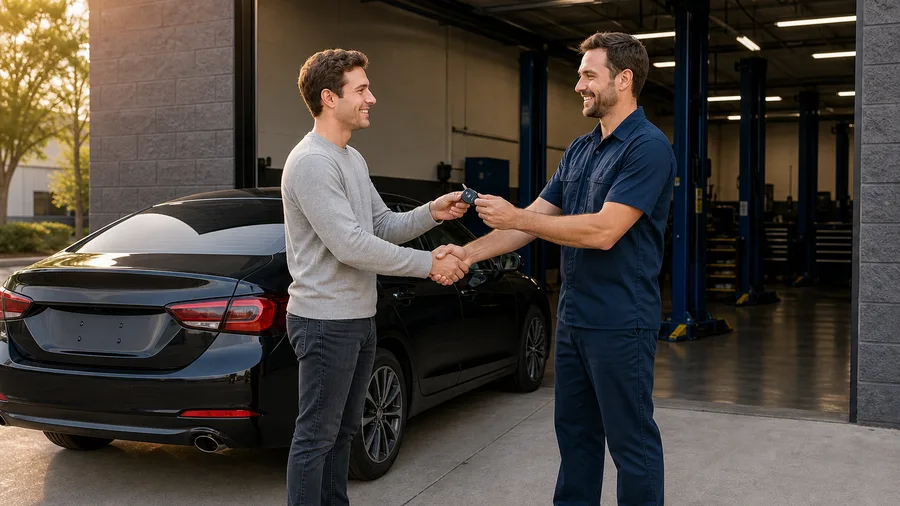 Customer collecting their car keys outside the Workshop bay